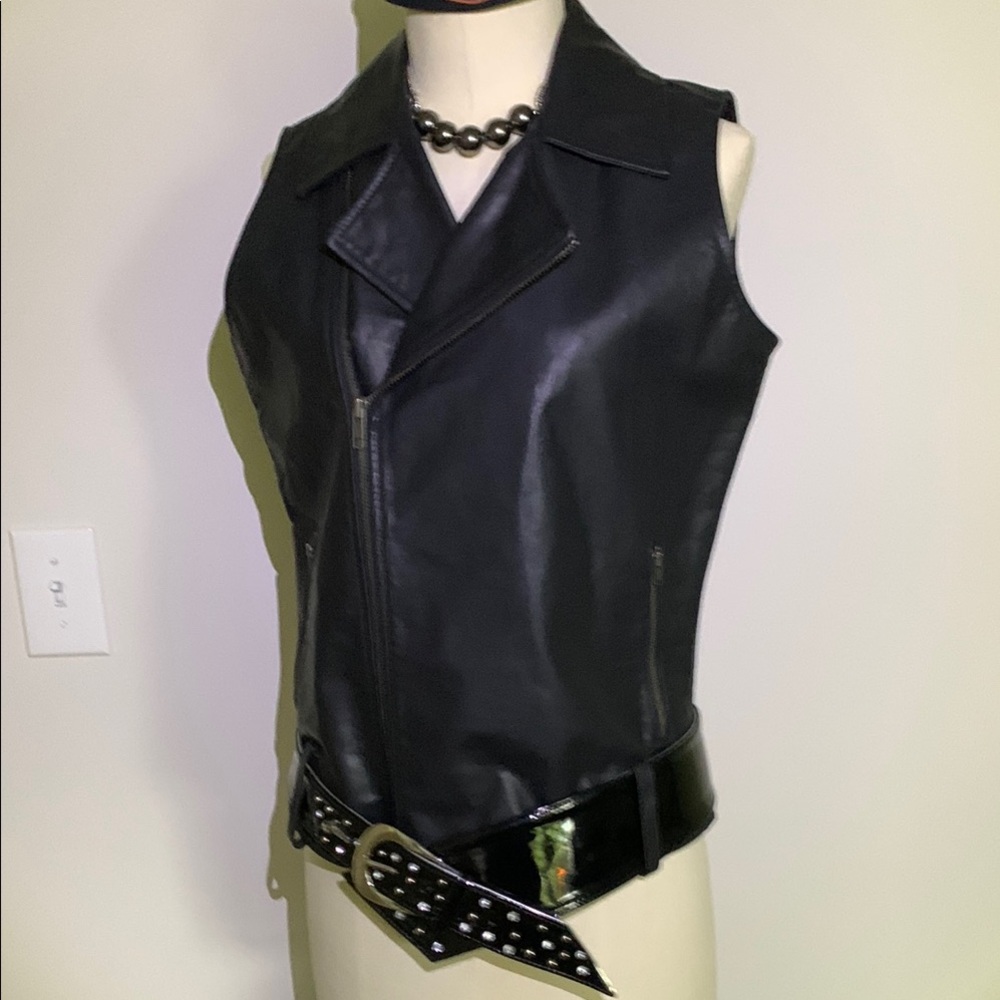 DKNY Black Leather Motorcycle Jacket with Guess Belt and Necklace BUNDLE EUC